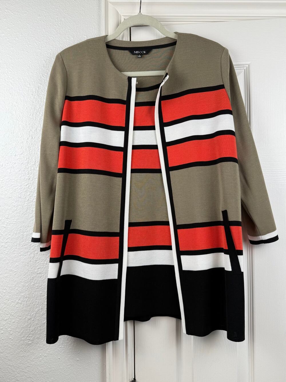 Misook Womens Striped Colorblock Cardigan set Size Medium Olive Orange Black